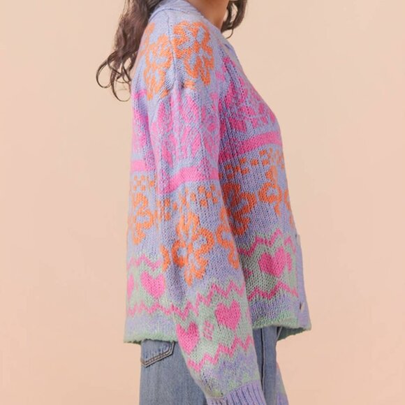 New In Oversized Button Down Pastel Graphic Knit Sweater Top - Picture 5 of 7